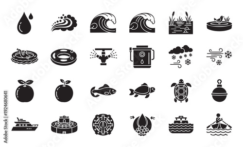Collection of water themed glyph icons illustrating natural elements, aquatic animals, and various water based activities, perfect for environmental and marine related graphic projects.