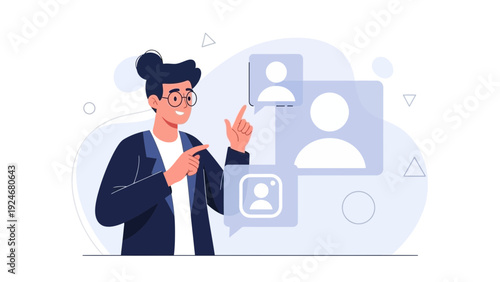 Man selecting profile icons, social media and networking concept illustration