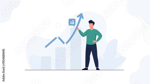 Man showing upward trending graph, business growth concept illustration