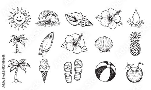Hand drawn summer beach vacation travel icons featuring sun waves shells flowers palm trees pineapple ice cream flip flops and tropical drinks ideal for holiday themed designs