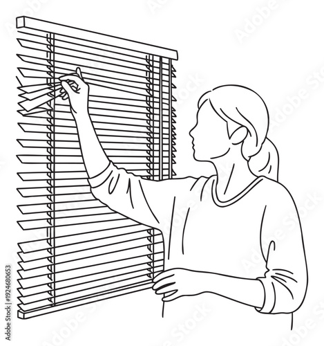 Young woman peeking through horizontal window blinds, observing outside with curiosity, suitable for privacy, observation, or home interior concepts