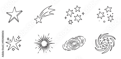 A dynamic set of hand drawn cosmic icons including shining stars, a shooting comet, and swirling galaxies, perfect for educational materials, graphic projects, and celestial themed