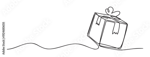 A flowing single continuous line drawing illustrates a wrapped present box with a lovely heartshaped ribbon bow, perfect for holiday greetings, birthday wishes, and special occasion