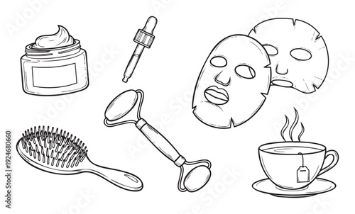 Collection of essential self care and beauty routine items for relaxation and personal well being perfect for wellness blogs or product packaging.