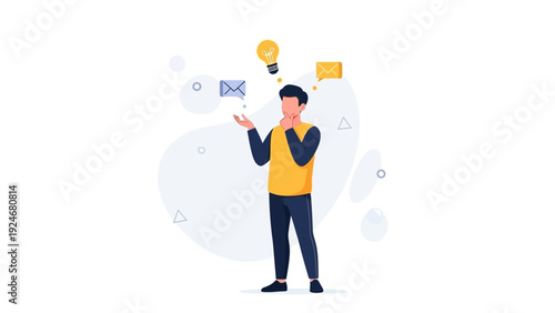 Man thinking with idea lightbulb and email icons, brainstorming concept