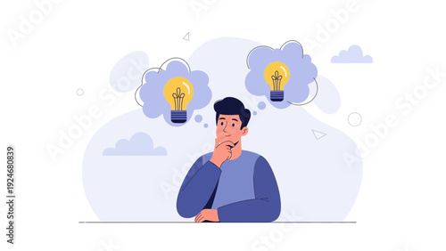 Man thinking, contemplating ideas with light bulbs in thought bubbles