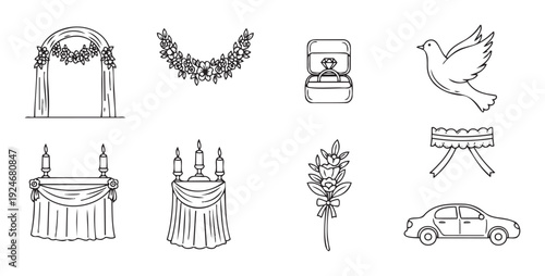 A comprehensive collection of wedding themed line icons featuring an arch, rings, dove, candles, flowers, and a car, perfect for invitations, decorations, and event planning materials.
