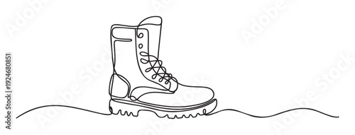 Minimalist continuous line drawing depicting a single military combat boot, ideal for modern apparel designs, promotional posters, or unique web graphic applications.