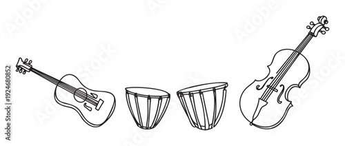 Musical instruments collection featuring acoustic guitar hand drums and cello perfect for music education posters concert promotions and entertainment event graphics