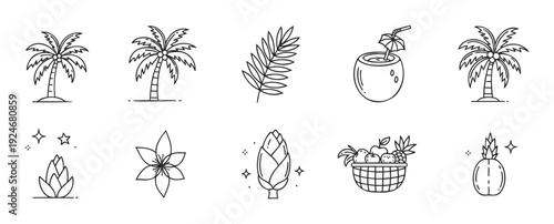 Collection of tropical summer plant and fruit icons suitable for vacation graphics, beach resort branding, and exotic travel advertisements