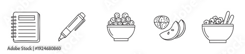 A collection of simple line icons depicting everyday objects such as a notebook, a marker pen, and various healthy food items, suitable for web graphics and user interface elements.