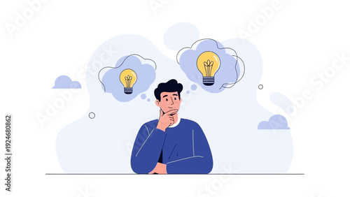 Man thinking with light bulb ideas in thought bubbles, innovation concept