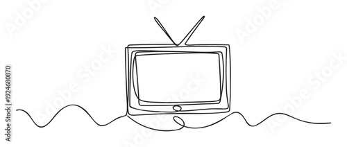 Simple continuous line drawing of an old classic television with antenna symbolizing communication and entertainment perfect for media technology company branding or educational resource