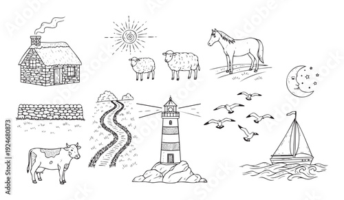 Assorted hand drawn countryside and seaside vector visuals showcasing a thatched house, farm animals, a lighthouse, and a sailboat ideal for childrens stories, craft projects, and