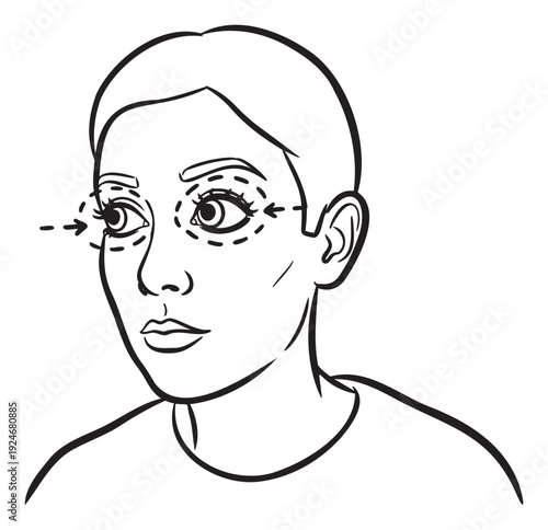 Womans face with dotted lines and arrows around her eyes indicating areas for cosmetic surgery, vision correction procedure, or beauty treatment for medical and aesthetic clinics
