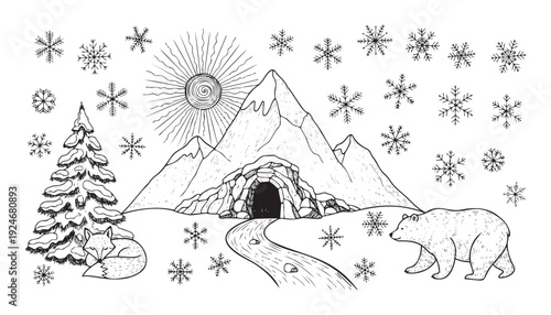 Hand drawn winter landscape featuring mountains, a cozy cave, a snowcovered pine tree, a sleeping fox, a walking bear, and falling snowflakes perfect for coloring pages.