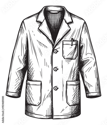 Professional workwear for scientific research and medical fields, this drawing of a doctor lab coat with pockets and a pen is perfect for educational materials and healthcare branding
