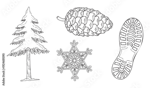 Seasonal nature elements package showcasing a snowy coniferous tree, a textured pine cone, an intricate snowflake, and an imprinted boot sole ideal for seasonal graphic projects and