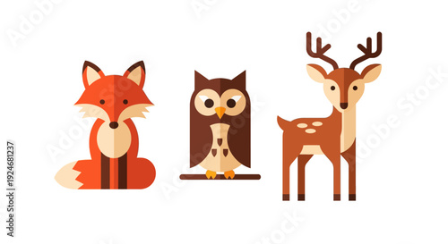 Cute forest animals including fox, owl, and deer in modern flat design