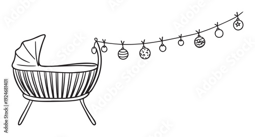 A charming line drawing of a baby bassinet with festive Christmas ornaments hanging above, perfect for holiday birth announcements, baby shower invitations, or seasonal nursery decor
