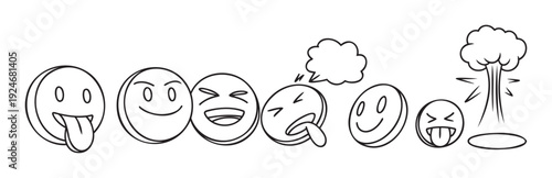 Hand drawn emoticon faces expressing emotions from playful happiness and laughter to deep thought and a dramatic stress explosion suitable for diverse communication and digital content