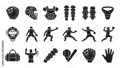 Comprehensive collection of baseball catcher equipment and player actions, perfect for sports training manuals and athletic promotional materials for various uses