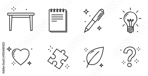 A versatile collection of outline icons representing various concepts like desk, notepad, pen, idea, love, problemsolving, nature, and inquiry, ideal for educational resources, business