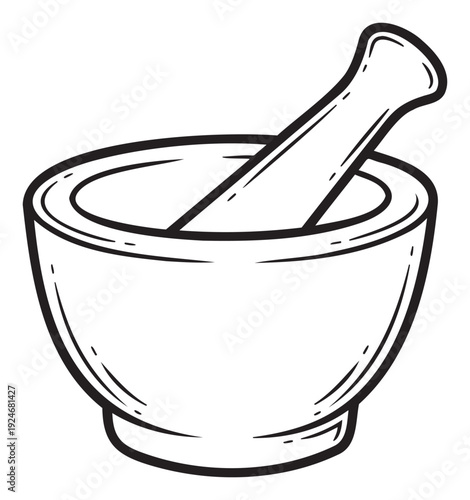 A classic mortar and pestle kitchen tool for grinding herbs and spices, ideal for culinary blogs, cooking websites, or food preparation guides.