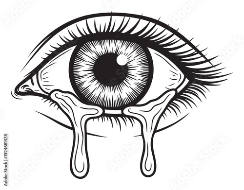 A dramatic stylized human eye shedding heavy tears, conveying deep sorrow and intense emotion, perfect for graphic designs, print media, or symbolic apparel.