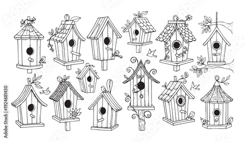 A delightful collection of diverse birdhouses with small birds and natural elements perfect for spring themed decor nature projects or a charming coloring book page