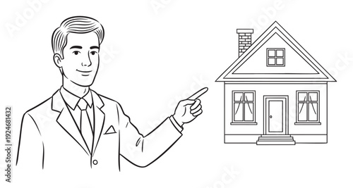 Professional male agent in a suit pointing towards a house, representing real estate sales, property management, and home buying services ideal for financial planning and housing market