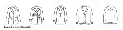 A collection of outlined womens jackets, coats, cardigans, and sweaters, useful for clothing reference, merchandising visuals, or everyday attire ideas.
