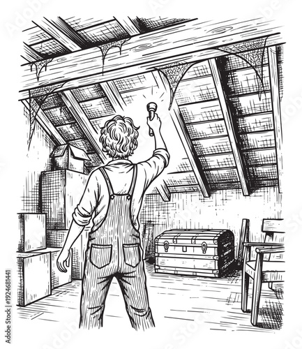 Young person in overalls with a flashlight searching through a dusty old attic filled with storage boxes and forgotten items, perfect for stories about hidden treasures or home renovation