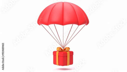 3D icon of a holiday surprise gift box with ribbon bow delivered by parachute in festive celebration style