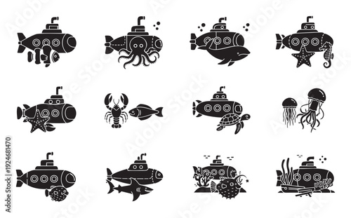 Collection of stylized submarine and diverse marine animal silhouettes perfect for educational resources, aquatic themed designs, and childrens underwater exploration projects.