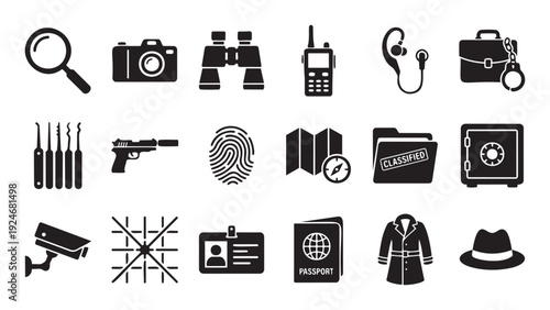 Curated collection of espionage and investigation glyph icons depicting essential tools for secret agents, detective work, and security operations perfect for various media projects.