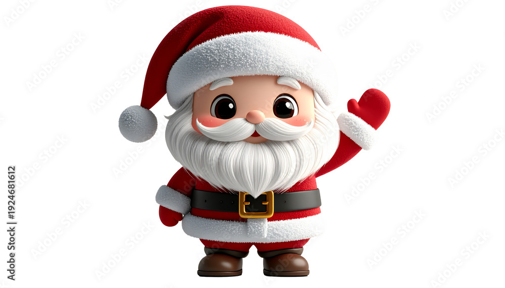 Fototapeta premium Cute 3D chibi Santa Claus character waving hand and smiling happily isolated on white background