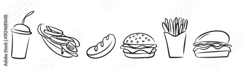 An outline collection of popular fast food items like a drink, hot dog, baguette, hamburgers, and french fries, ideal for fast food menus or restaurant promotions.