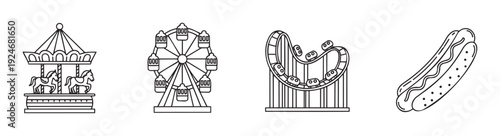 Outline illustrations of classic amusement park attractions including a merrygoround, Ferris wheel, thrilling roller coaster, and a hot dog for entertainment graphics and themed events.