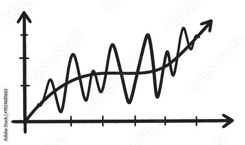 A handdrawn upward trending graph showing significant fluctuations, suitable for visualizing business growth, market volatility, or economic performance data.