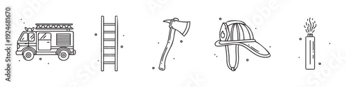 Collection of essential firefighting equipment and rescue service tools presented as simple outline icons for emergency response education and public safety awareness campaigns