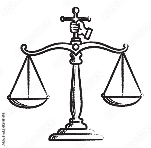 Symbolic balance scale with a human hand firmly grasping a cruciform object at its pivot, meticulously designed to convey concepts of justice, law, and fairness for legal websites and