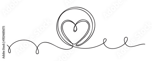 Simple unbroken single line drawing forming a symbolic heart within a perfect circle and extending into decorative swirls perfect for modern romantic branding and social media graphics.