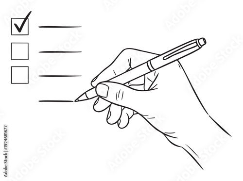 Hand holding a pen to mark a completed item on a checklist, symbolizing task achievement, decisionmaking, or survey participation for business presentations and educational resources.