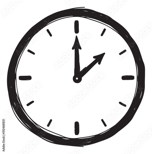 Hand drawn black and white clock illustration showing two oclock, a versatile graphic element or symbol for time management, deadlines, or scheduling concepts in educational and business