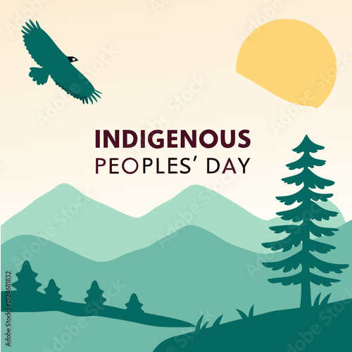 Indigenous Peoples' Day landscape with mountains, eagle, and sun
