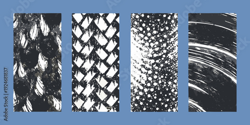 Five vertical panels displaying varying black and white textured patterns