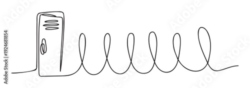 Minimalist black single continuous line drawing of an old vintage phone receiver with a long coiled cord representing classic communication and telecommunication history for business and