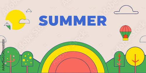 Colorful summer illustration featuring sun clouds rainbow and hot air balloon