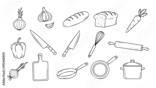 Hand drawn collection of essential kitchen ingredients and cooking utensils, perfect for culinary content, recipe books, or food blog graphics for foodies.